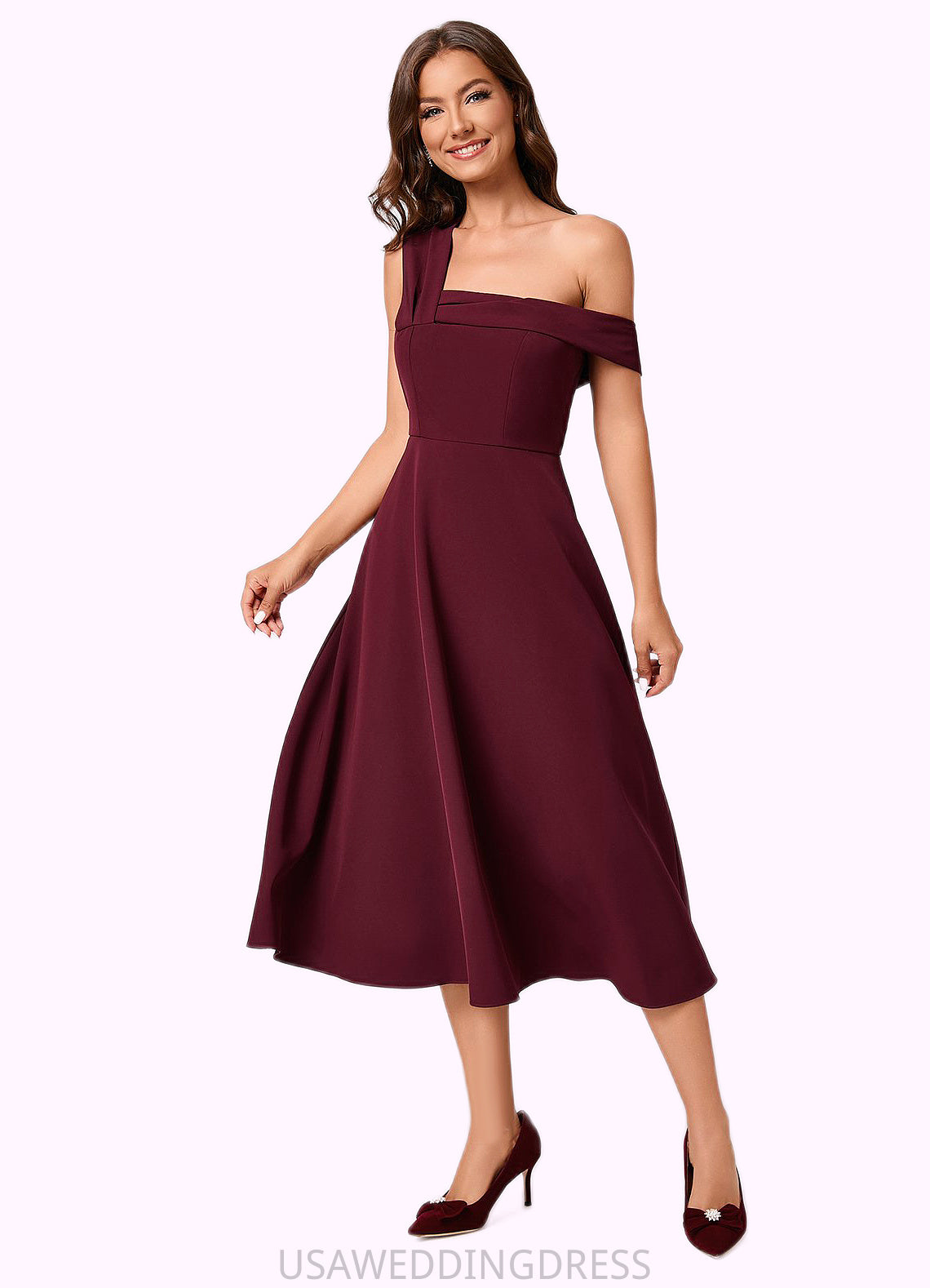 Neveah A-line One Shoulder Tea-Length Stretch Crepe Cocktail Dress With Ruffle DSP0022501