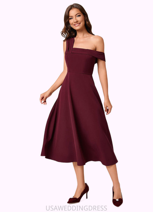 Neveah A-line One Shoulder Tea-Length Stretch Crepe Cocktail Dress With Ruffle DSP0022501
