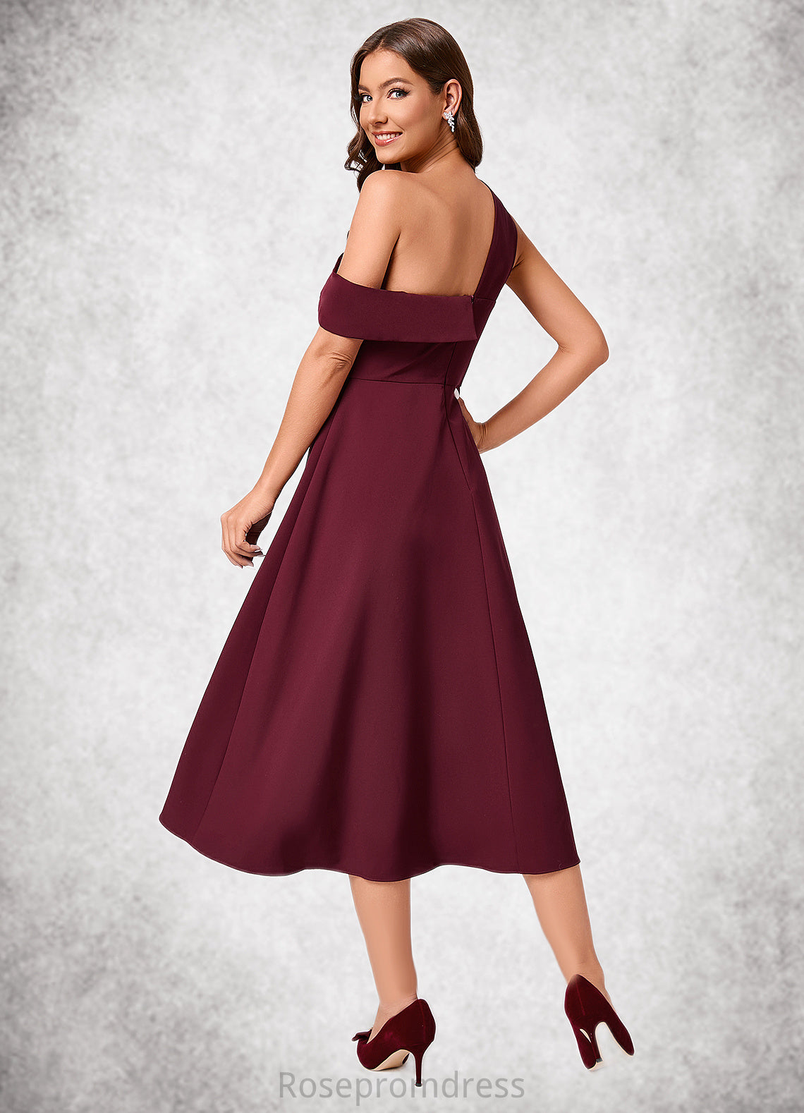 Viviana A-line One Shoulder Tea-Length Stretch Crepe Cocktail Dress With Ruffle SRSP0022501