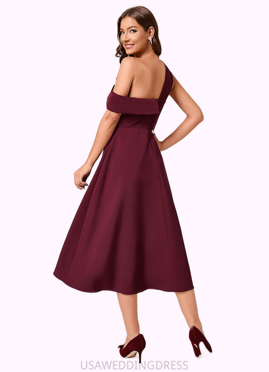 Neveah A-line One Shoulder Tea-Length Stretch Crepe Cocktail Dress With Ruffle DSP0022501