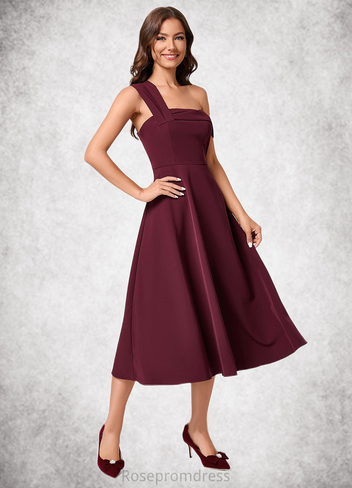 Viviana A-line One Shoulder Tea-Length Stretch Crepe Cocktail Dress With Ruffle SRSP0022501