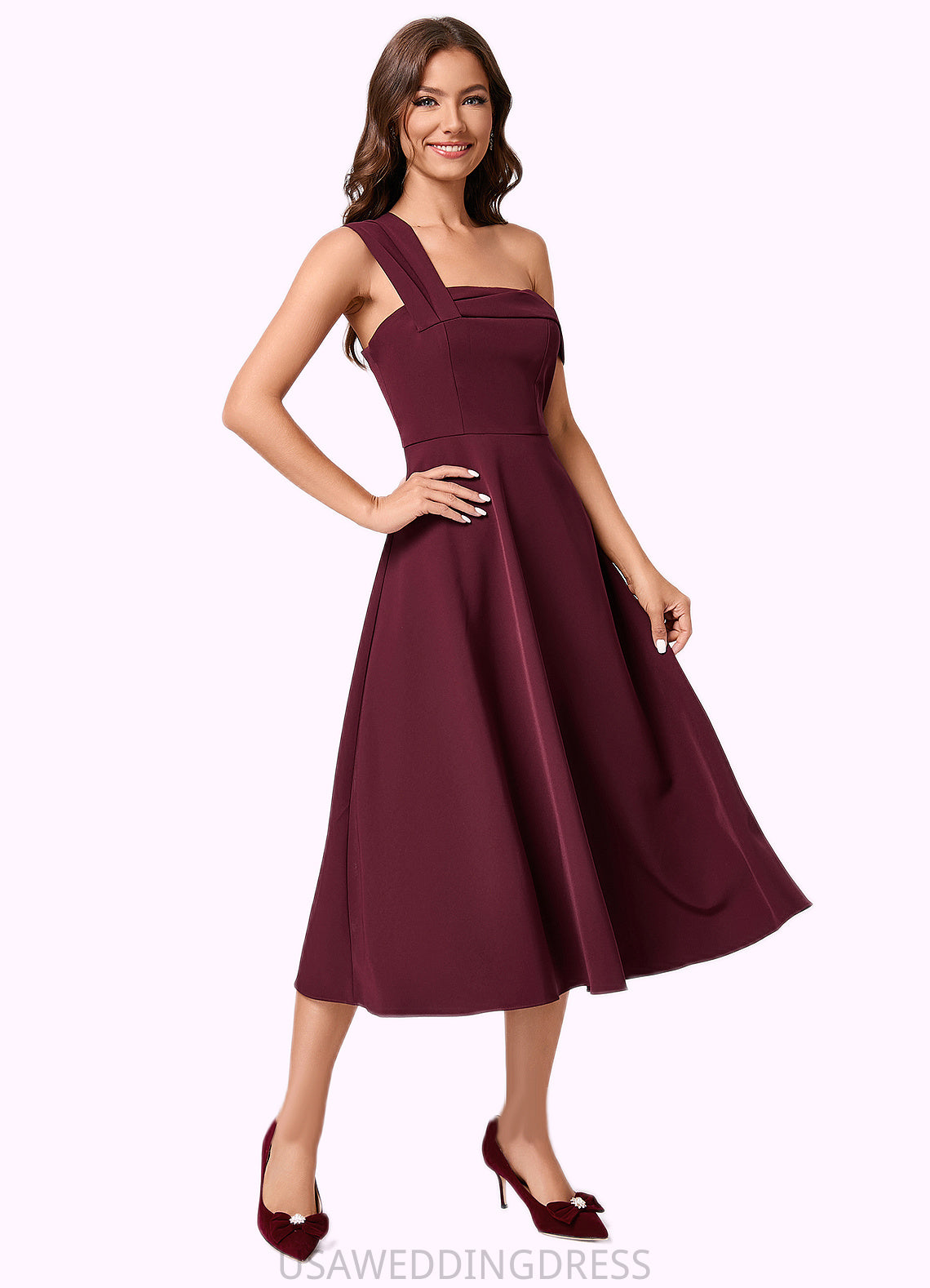 Neveah A-line One Shoulder Tea-Length Stretch Crepe Cocktail Dress With Ruffle DSP0022501
