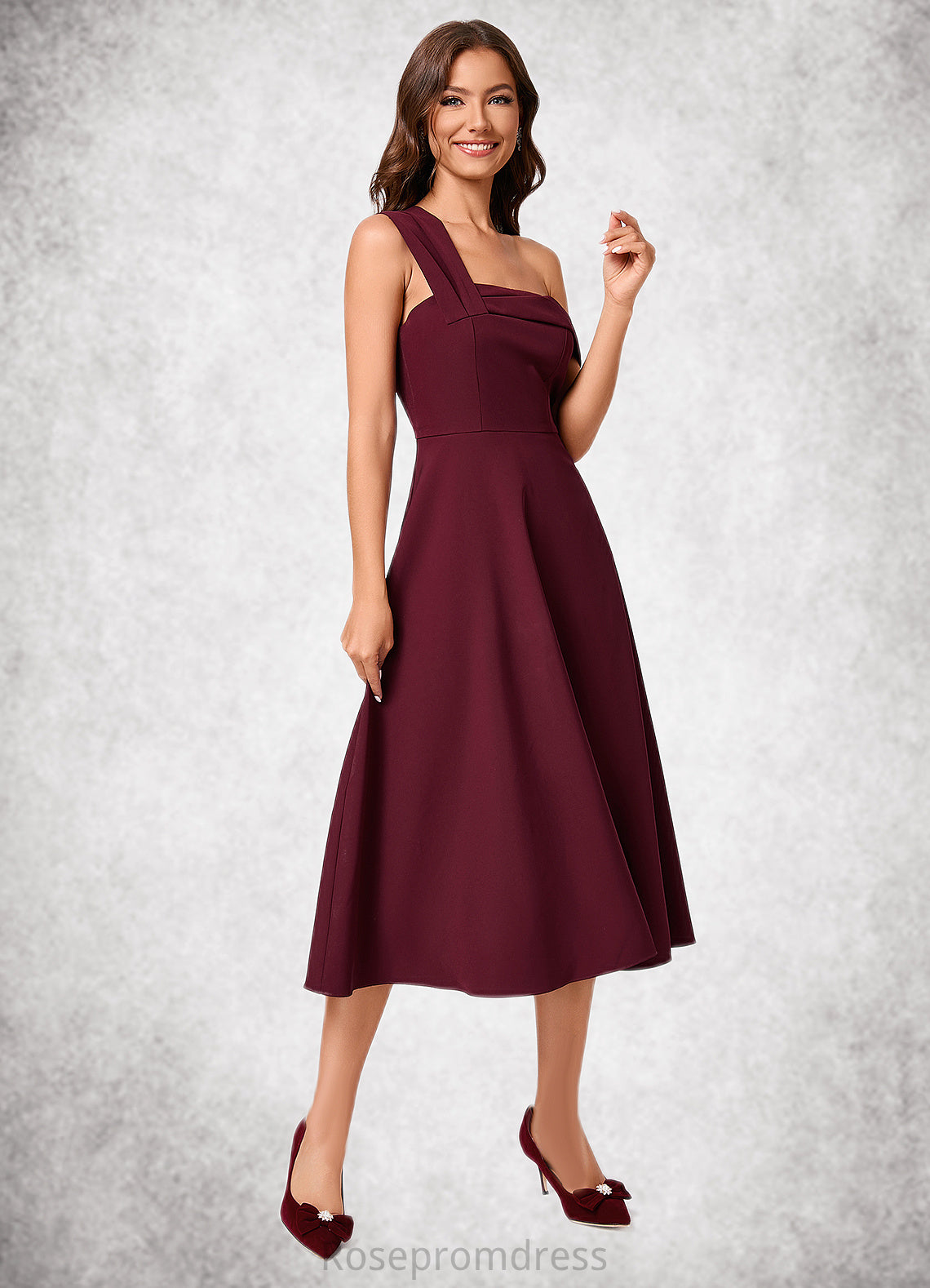 Viviana A-line One Shoulder Tea-Length Stretch Crepe Cocktail Dress With Ruffle SRSP0022501