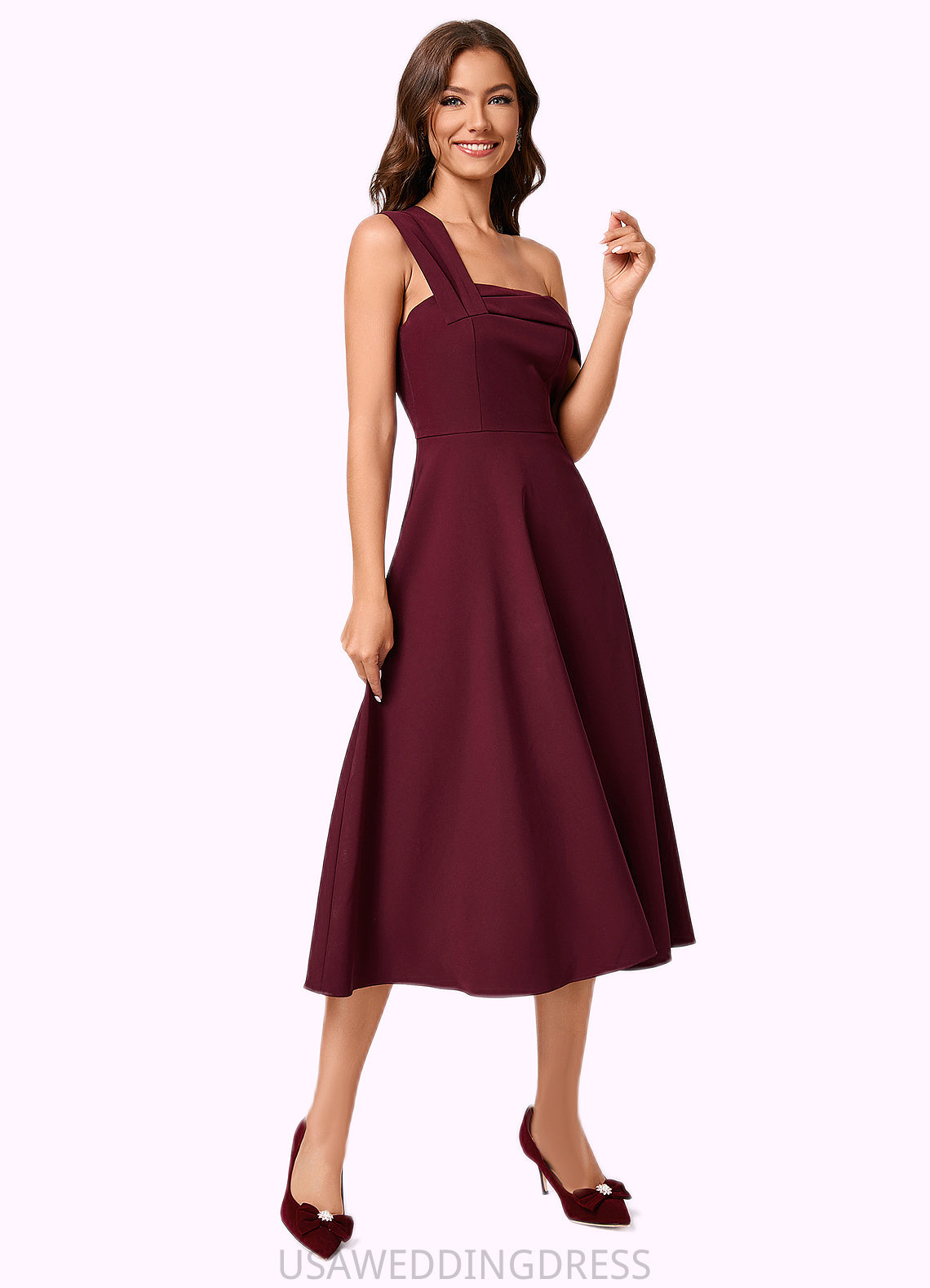 Neveah A-line One Shoulder Tea-Length Stretch Crepe Cocktail Dress With Ruffle DSP0022501