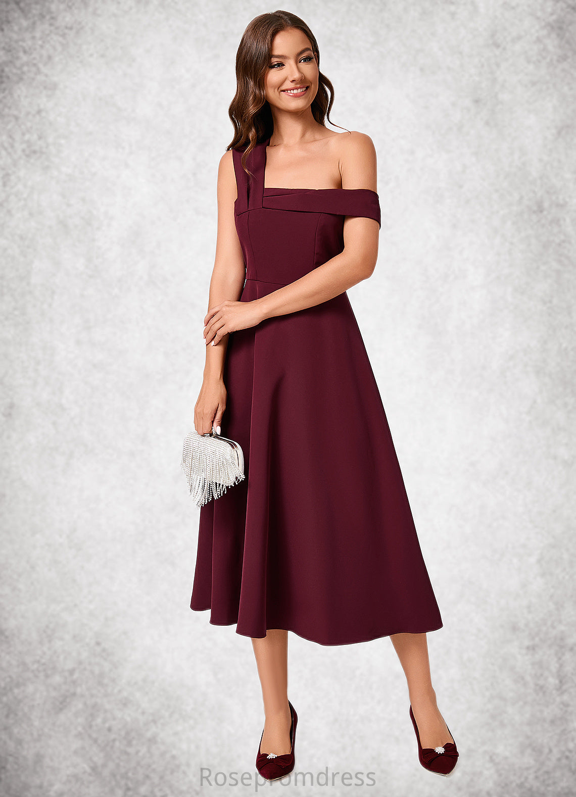 Viviana A-line One Shoulder Tea-Length Stretch Crepe Cocktail Dress With Ruffle SRSP0022501