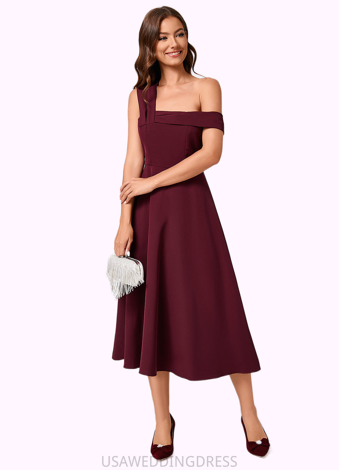 Neveah A-line One Shoulder Tea-Length Stretch Crepe Cocktail Dress With Ruffle DSP0022501