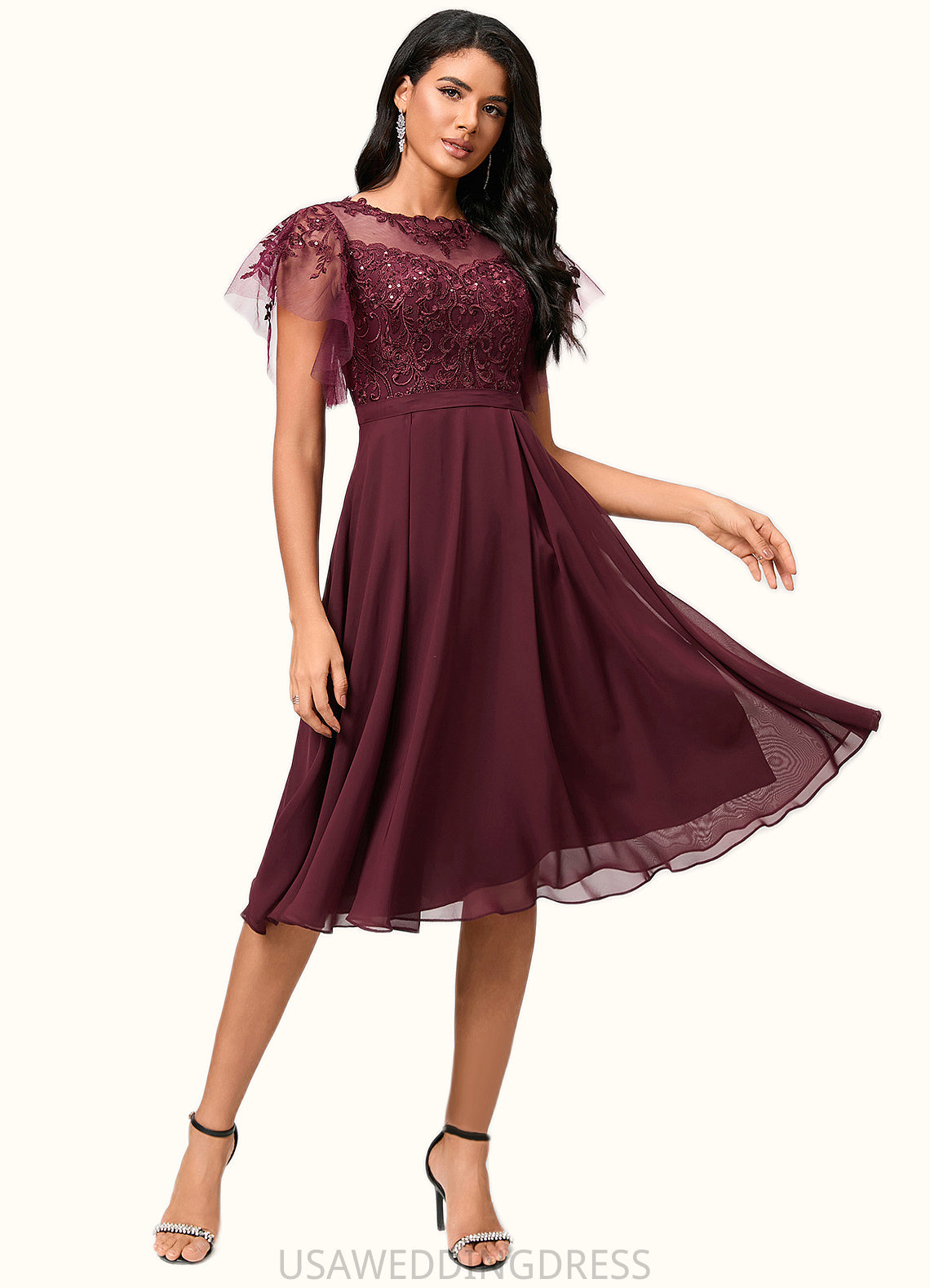Avery A-line Illusion Knee-Length Chiffon Cocktail Dress With Sequins DSP0022512