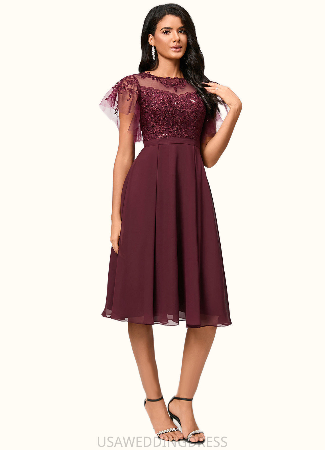 Avery A-line Illusion Knee-Length Chiffon Cocktail Dress With Sequins DSP0022512