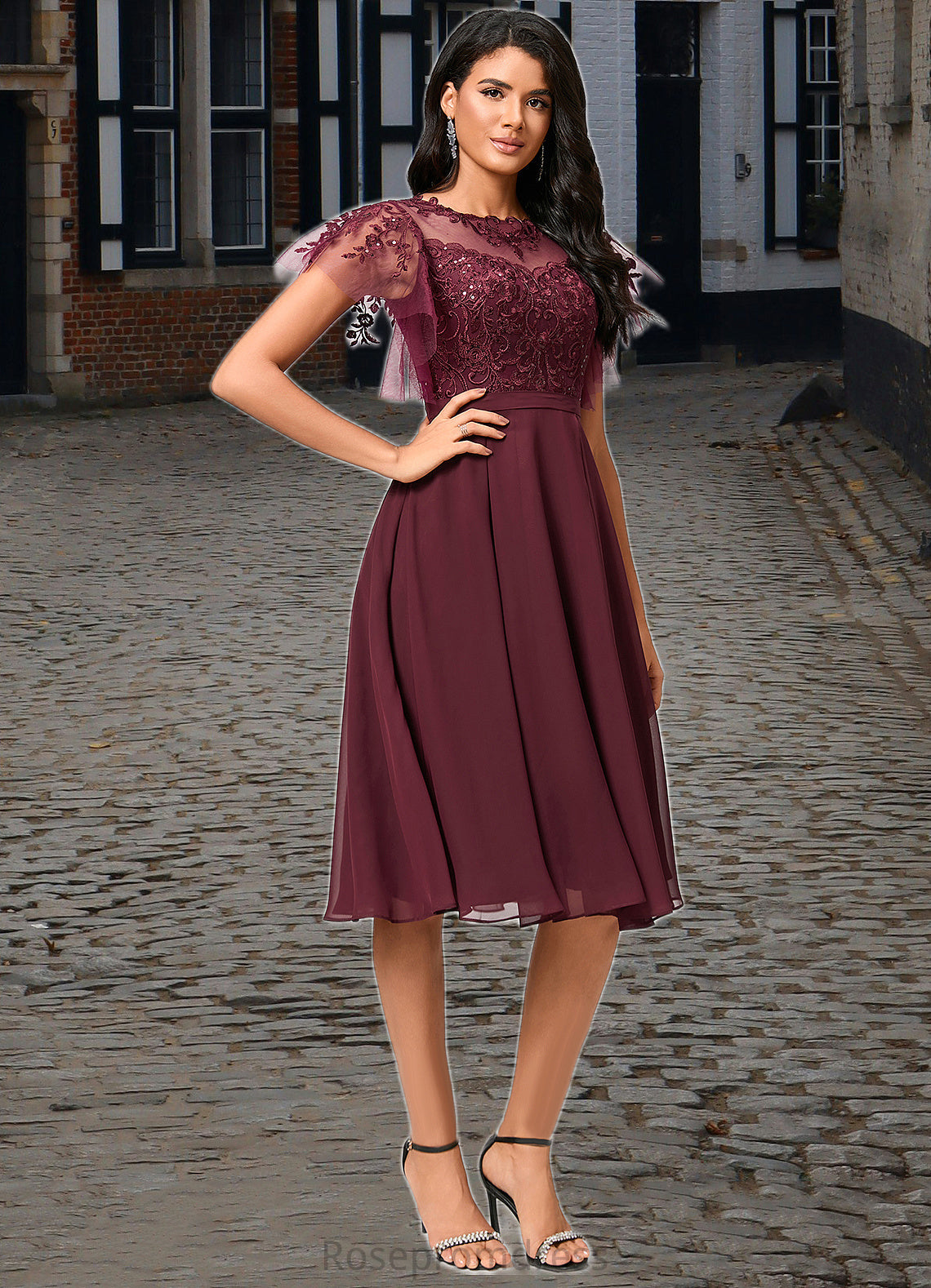 Caitlyn A-line Illusion Knee-Length Chiffon Cocktail Dress With Sequins SRSP0022512