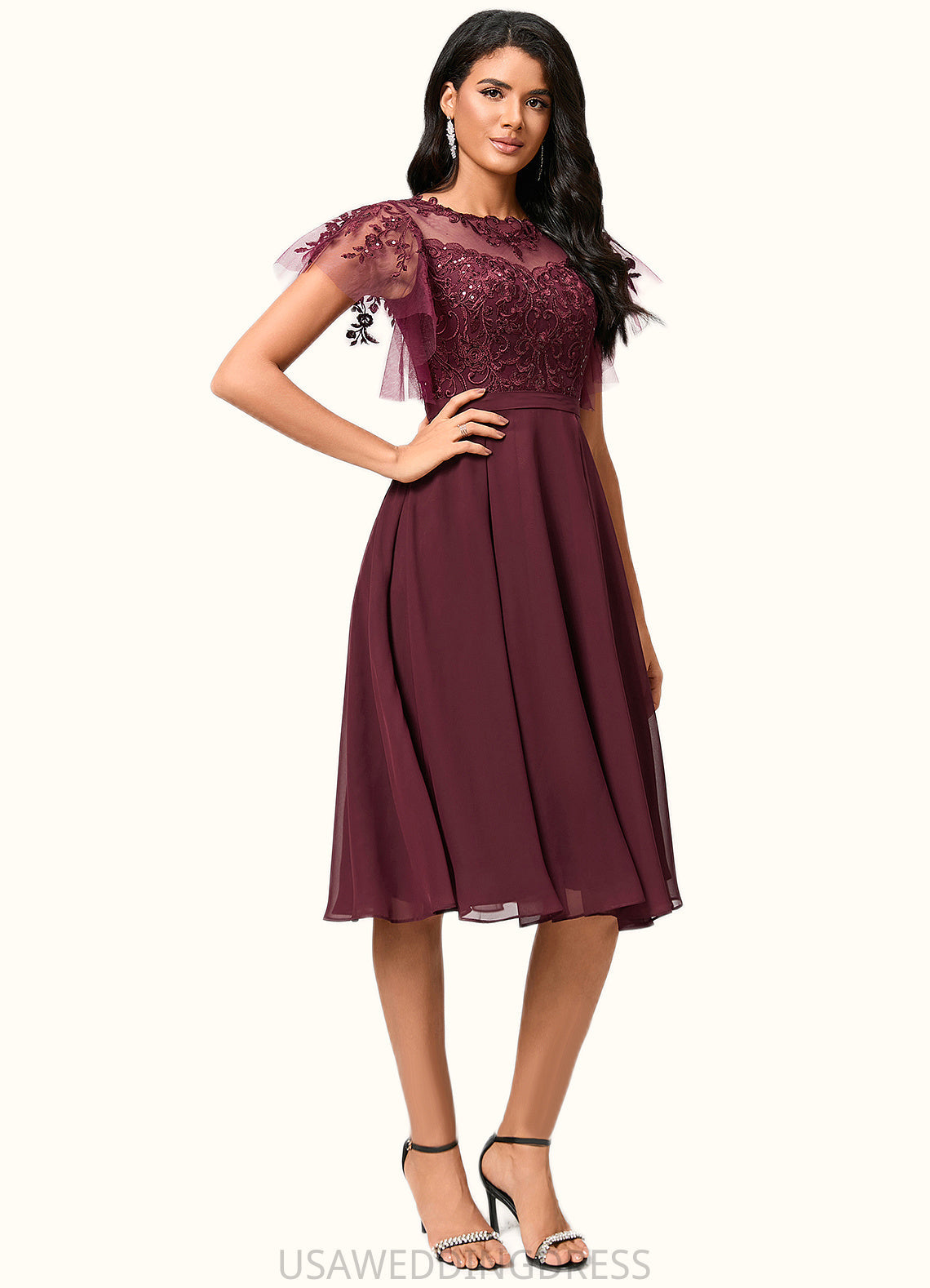 Avery A-line Illusion Knee-Length Chiffon Cocktail Dress With Sequins DSP0022512