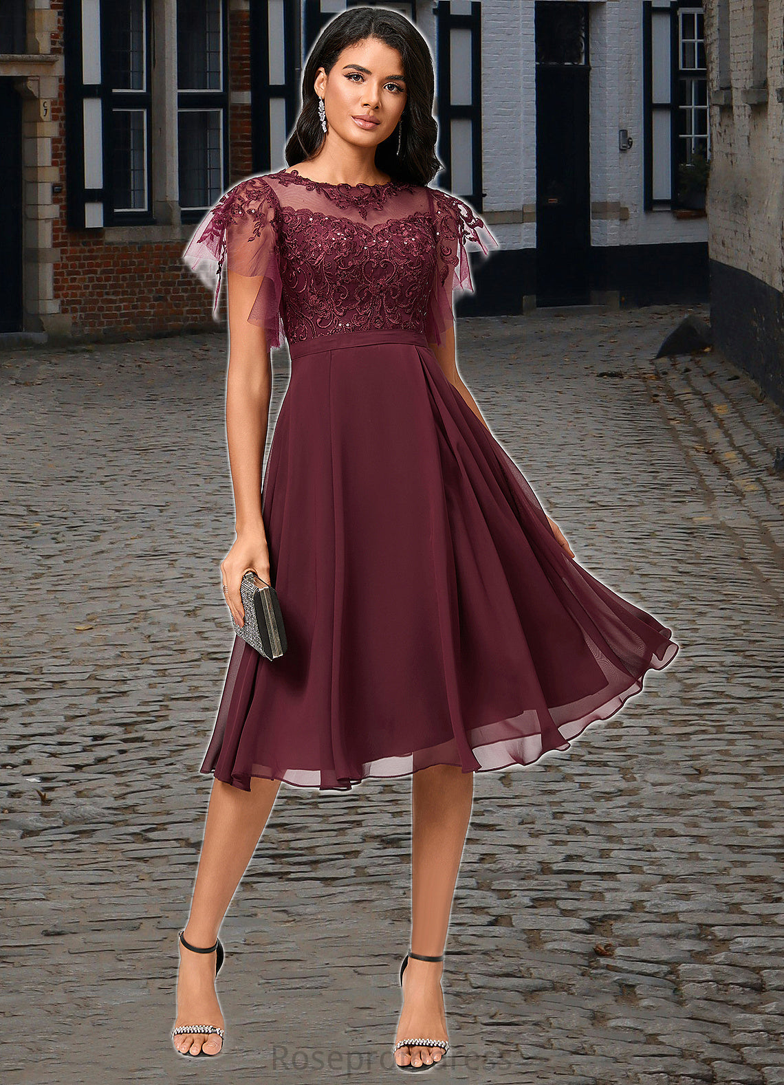 Caitlyn A-line Illusion Knee-Length Chiffon Cocktail Dress With Sequins SRSP0022512
