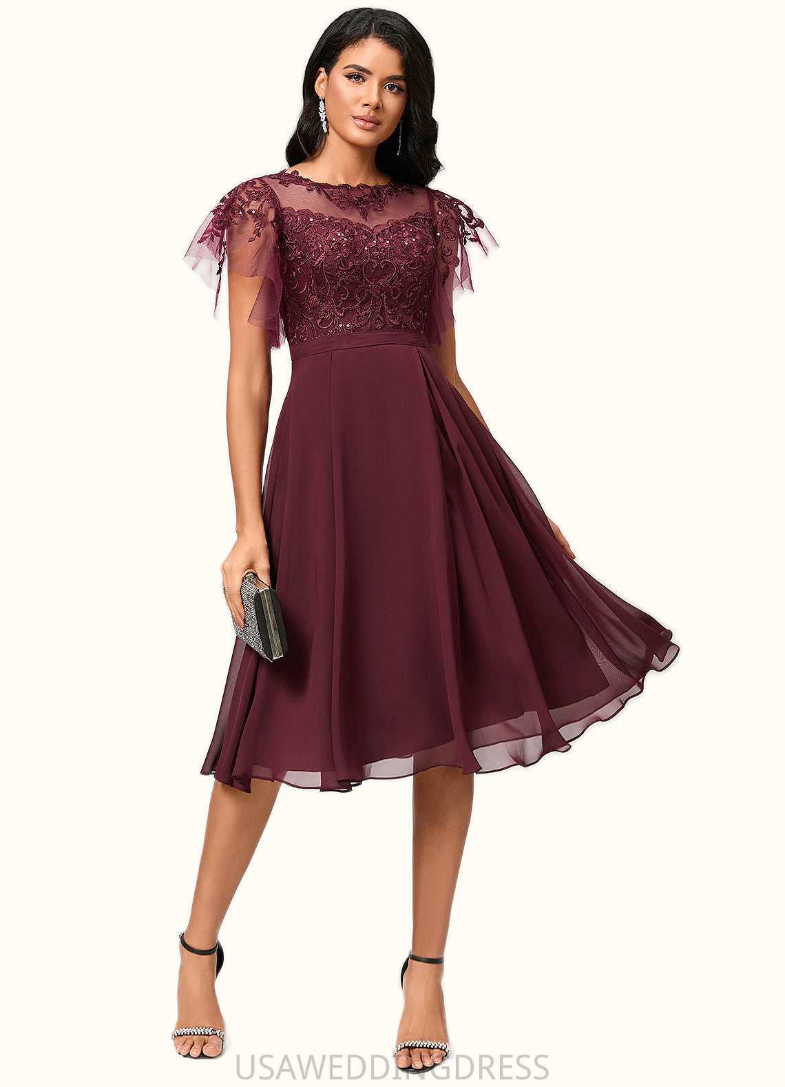 Avery A-line Illusion Knee-Length Chiffon Cocktail Dress With Sequins DSP0022512