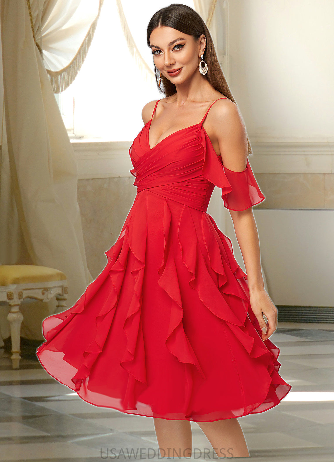 Olga A-line Cold Shoulder Knee-Length Chiffon Cocktail Dress With Cascading Ruffles DSP0022513