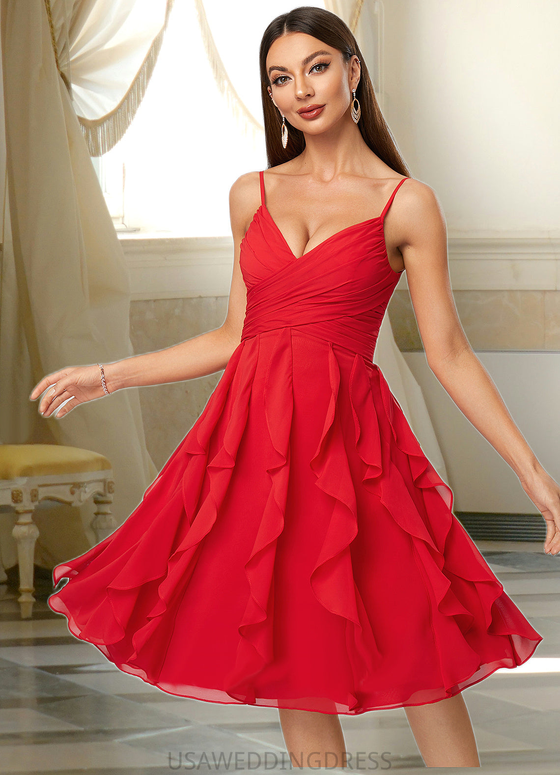 Olga A-line Cold Shoulder Knee-Length Chiffon Cocktail Dress With Cascading Ruffles DSP0022513