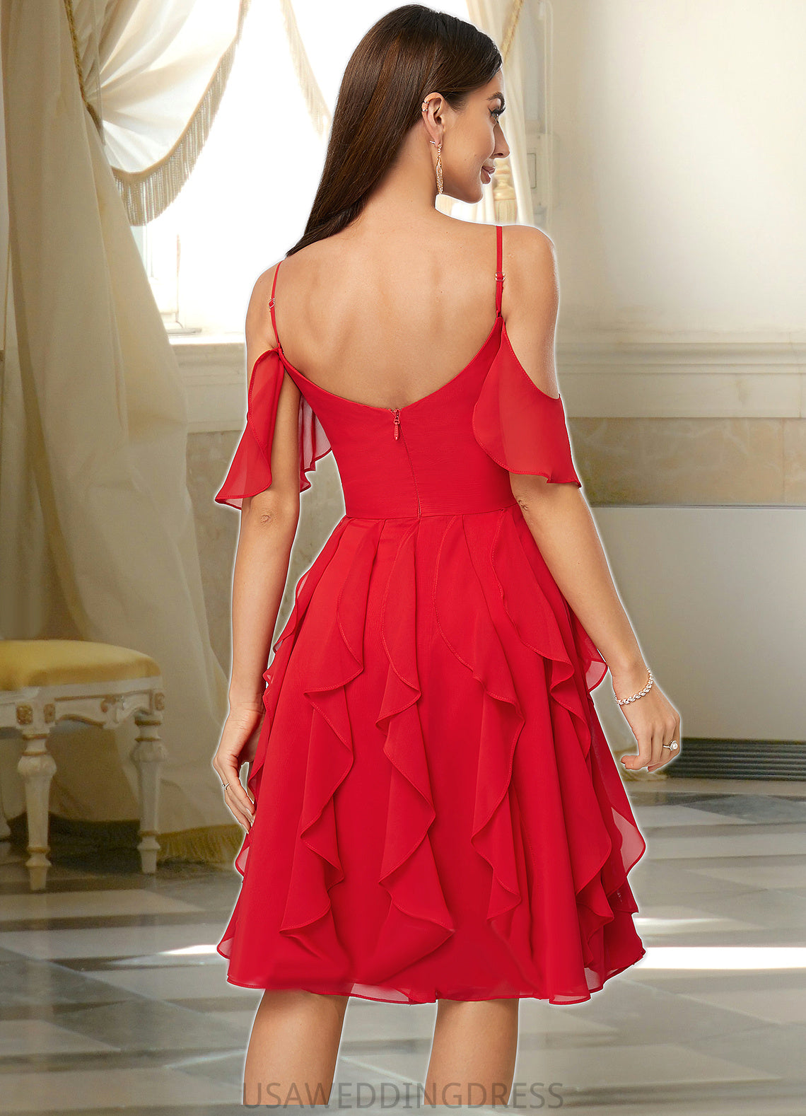 Olga A-line Cold Shoulder Knee-Length Chiffon Cocktail Dress With Cascading Ruffles DSP0022513