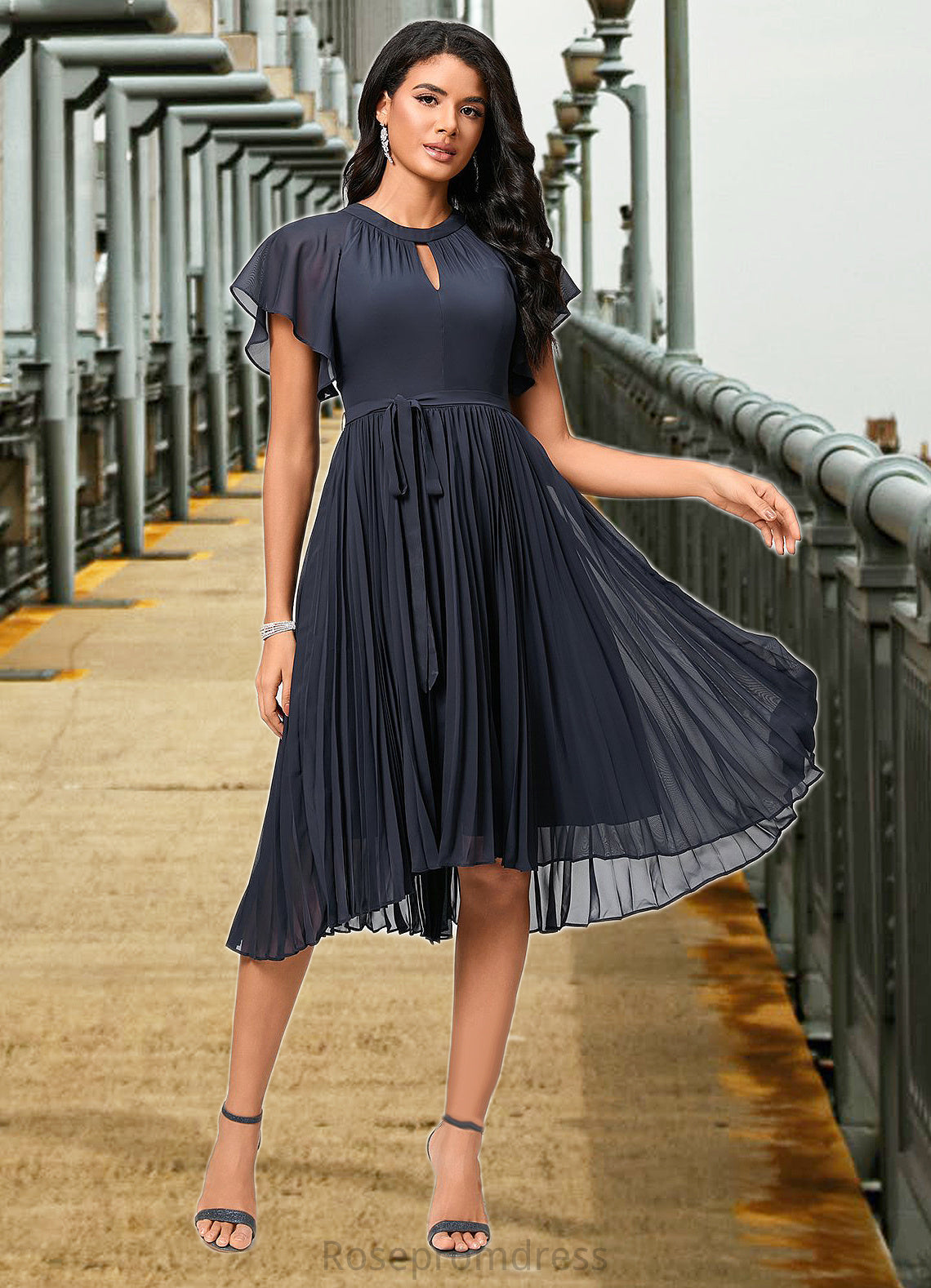 Karlee A-line Scoop Asymmetrical Chiffon Cocktail Dress With Bow Pleated SRSP0022530