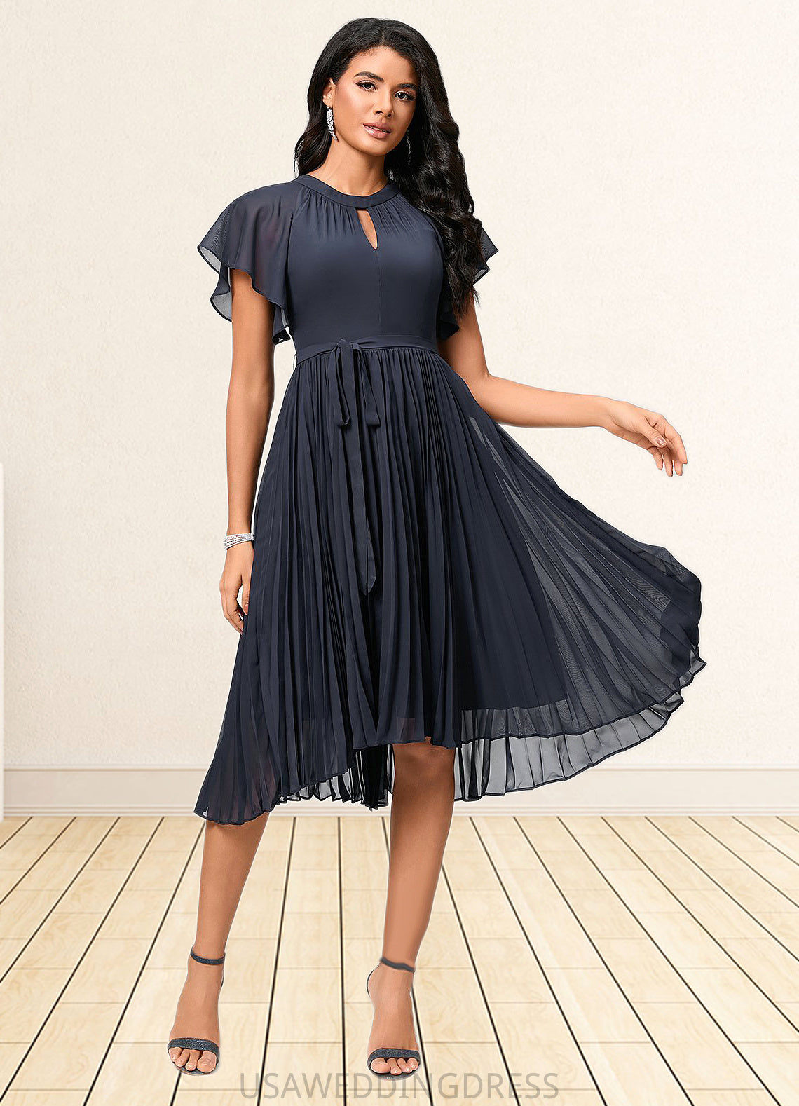 Karley A-line Scoop Asymmetrical Chiffon Cocktail Dress With Bow Pleated DSP0022530