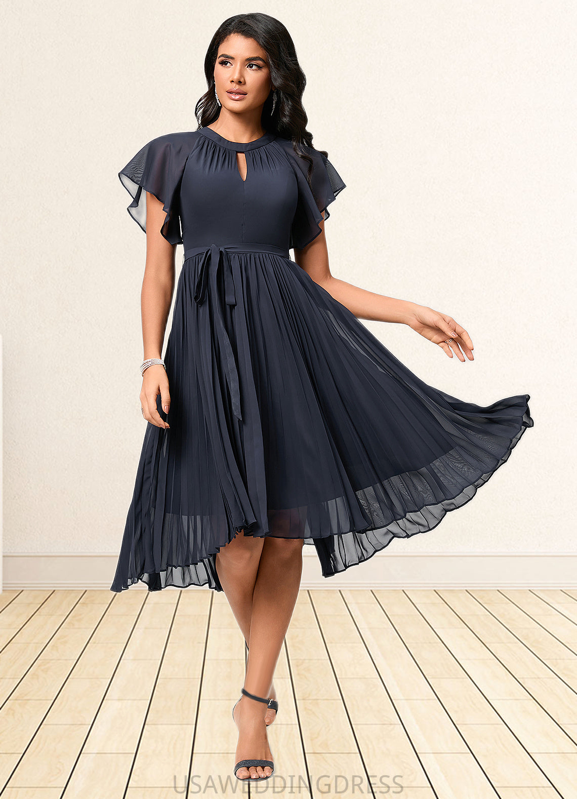 Karley A-line Scoop Asymmetrical Chiffon Cocktail Dress With Bow Pleated DSP0022530
