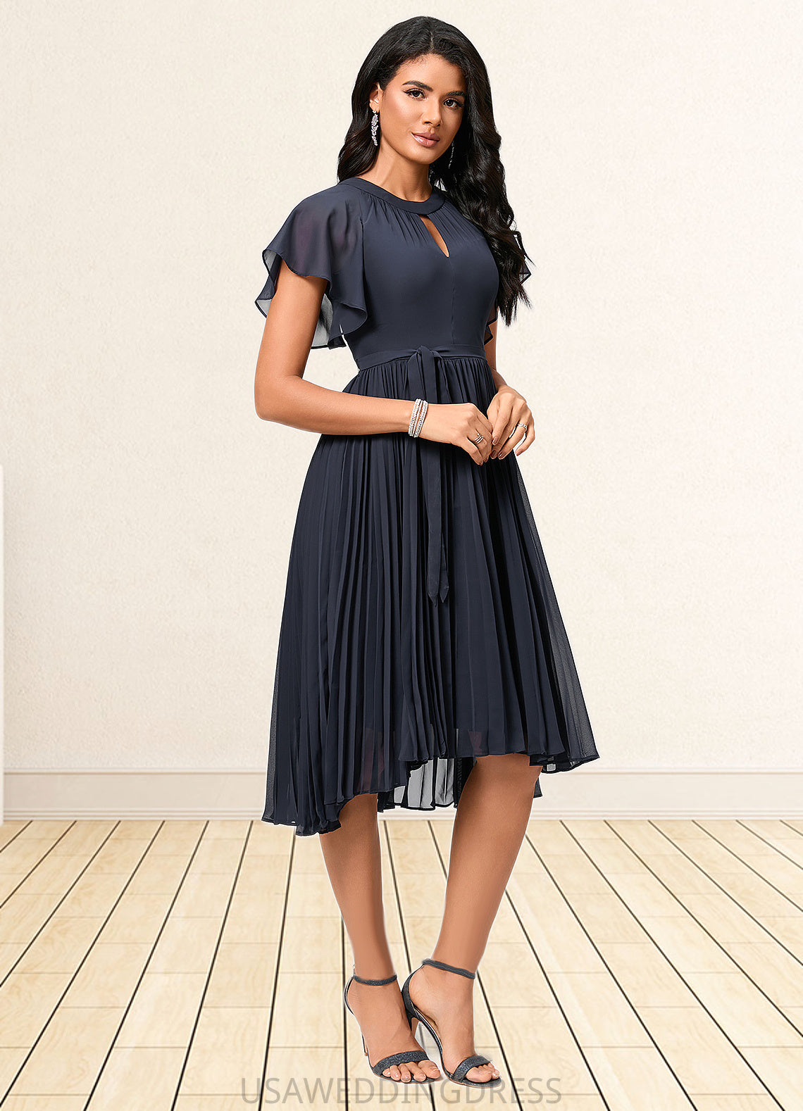Karley A-line Scoop Asymmetrical Chiffon Cocktail Dress With Bow Pleated DSP0022530