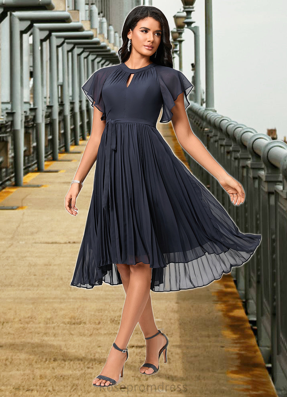 Karlee A-line Scoop Asymmetrical Chiffon Cocktail Dress With Bow Pleated SRSP0022530