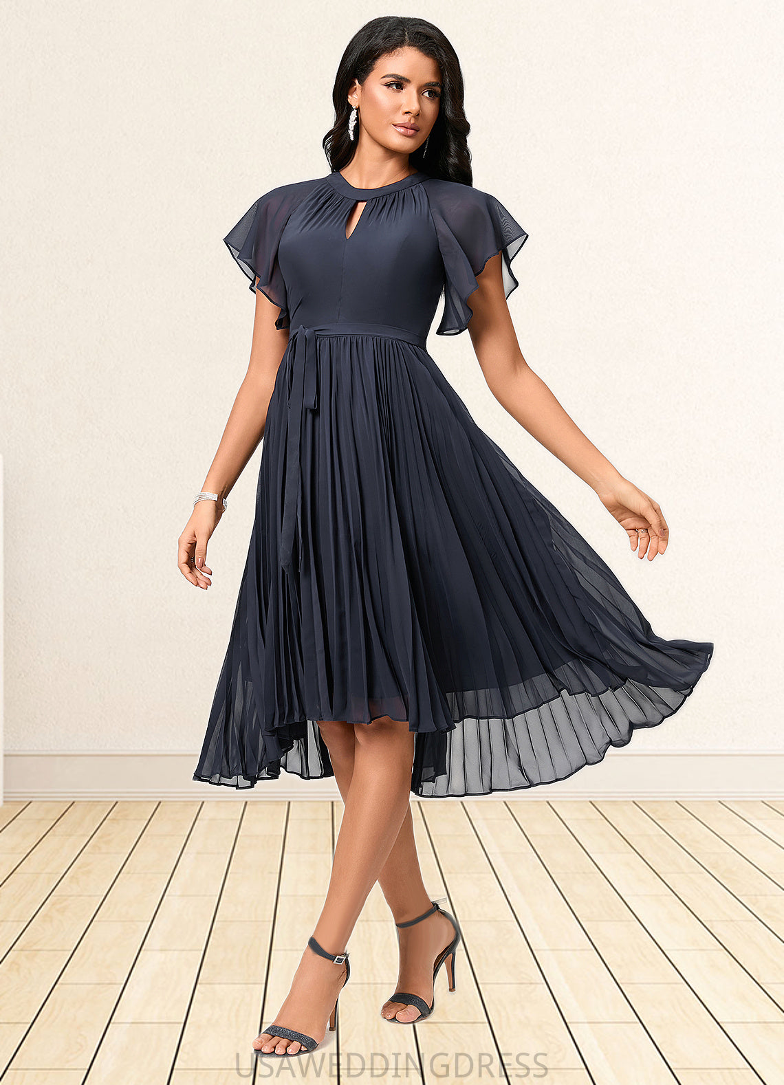 Karley A-line Scoop Asymmetrical Chiffon Cocktail Dress With Bow Pleated DSP0022530