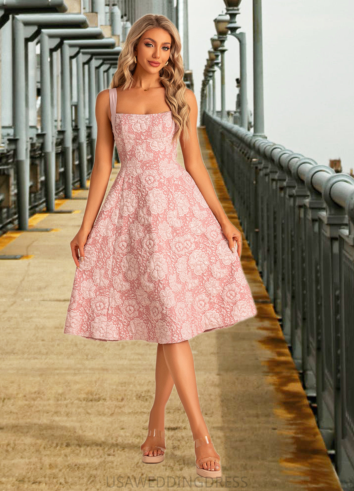 Tess A-line Square Knee-Length Polyester Bridesmaid Dress With Bow Flower Jacquard DSP0022564