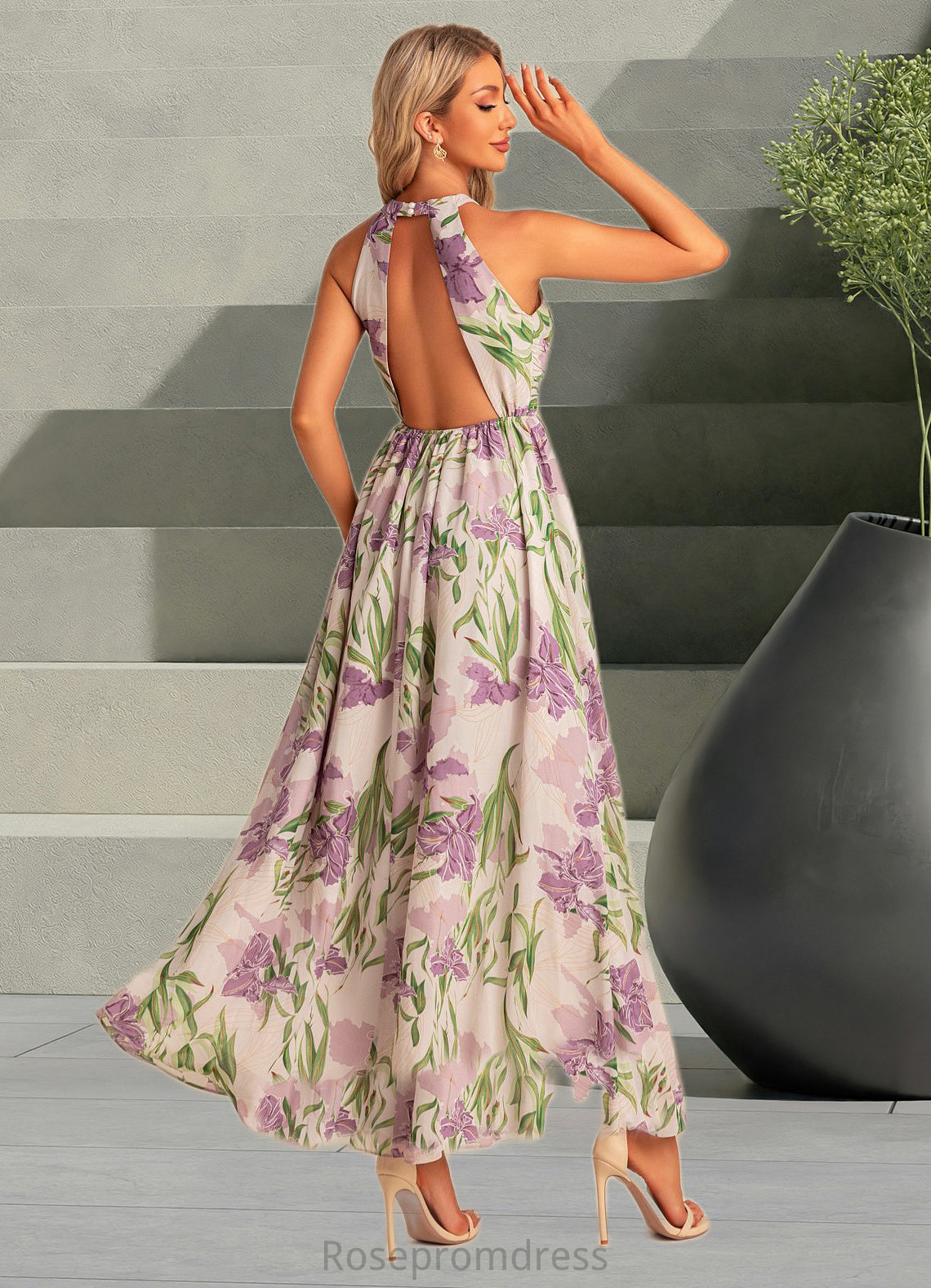 Dania A-line Halter Floor-Length Chiffon Bridesmaid Dress With Floral Print SRSP0022565