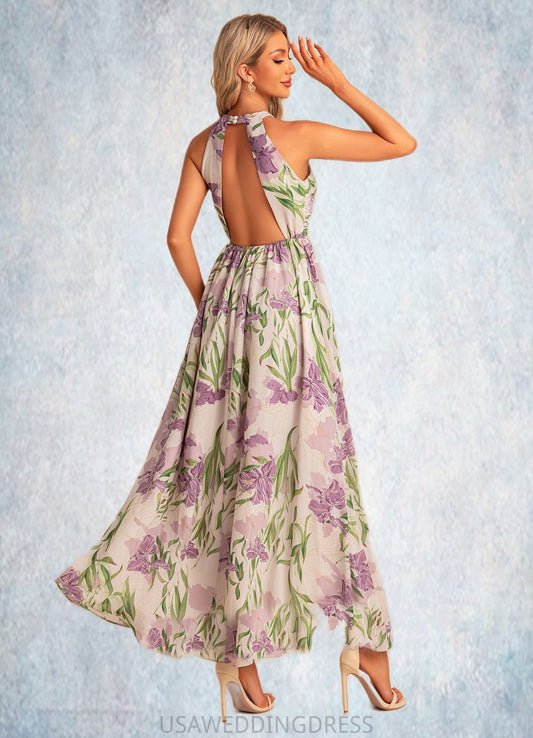 Aiyana A-line Halter Floor-Length Chiffon Bridesmaid Dress With Floral Print DSP0022565