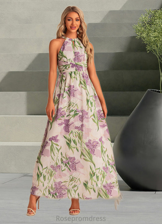 Dania A-line Halter Floor-Length Chiffon Bridesmaid Dress With Floral Print SRSP0022565