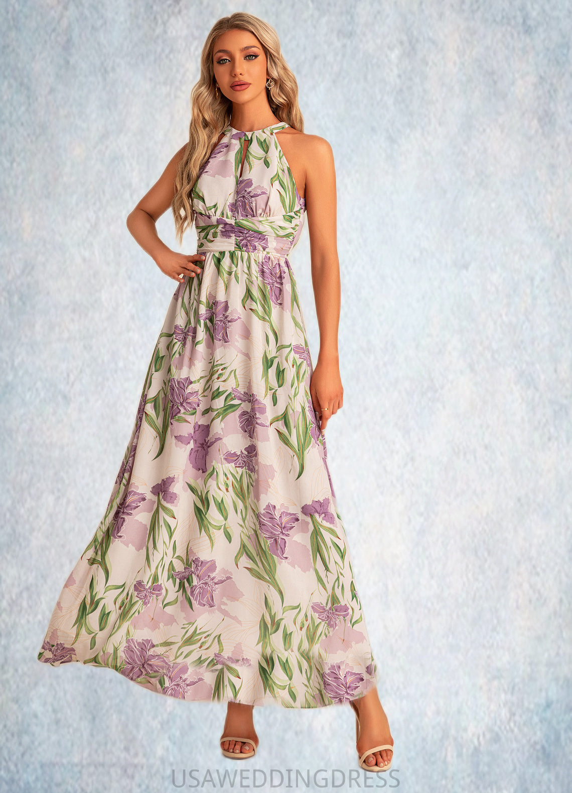Aiyana A-line Halter Floor-Length Chiffon Bridesmaid Dress With Floral Print DSP0022565