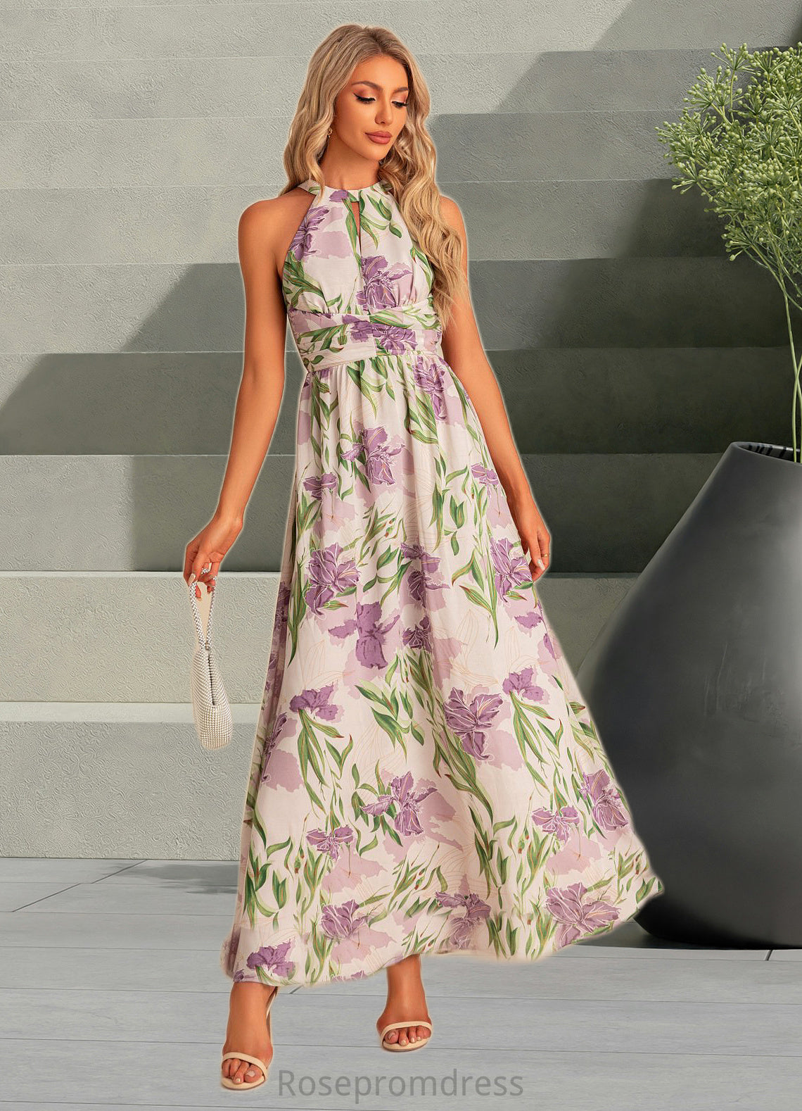 Dania A-line Halter Floor-Length Chiffon Bridesmaid Dress With Floral Print SRSP0022565