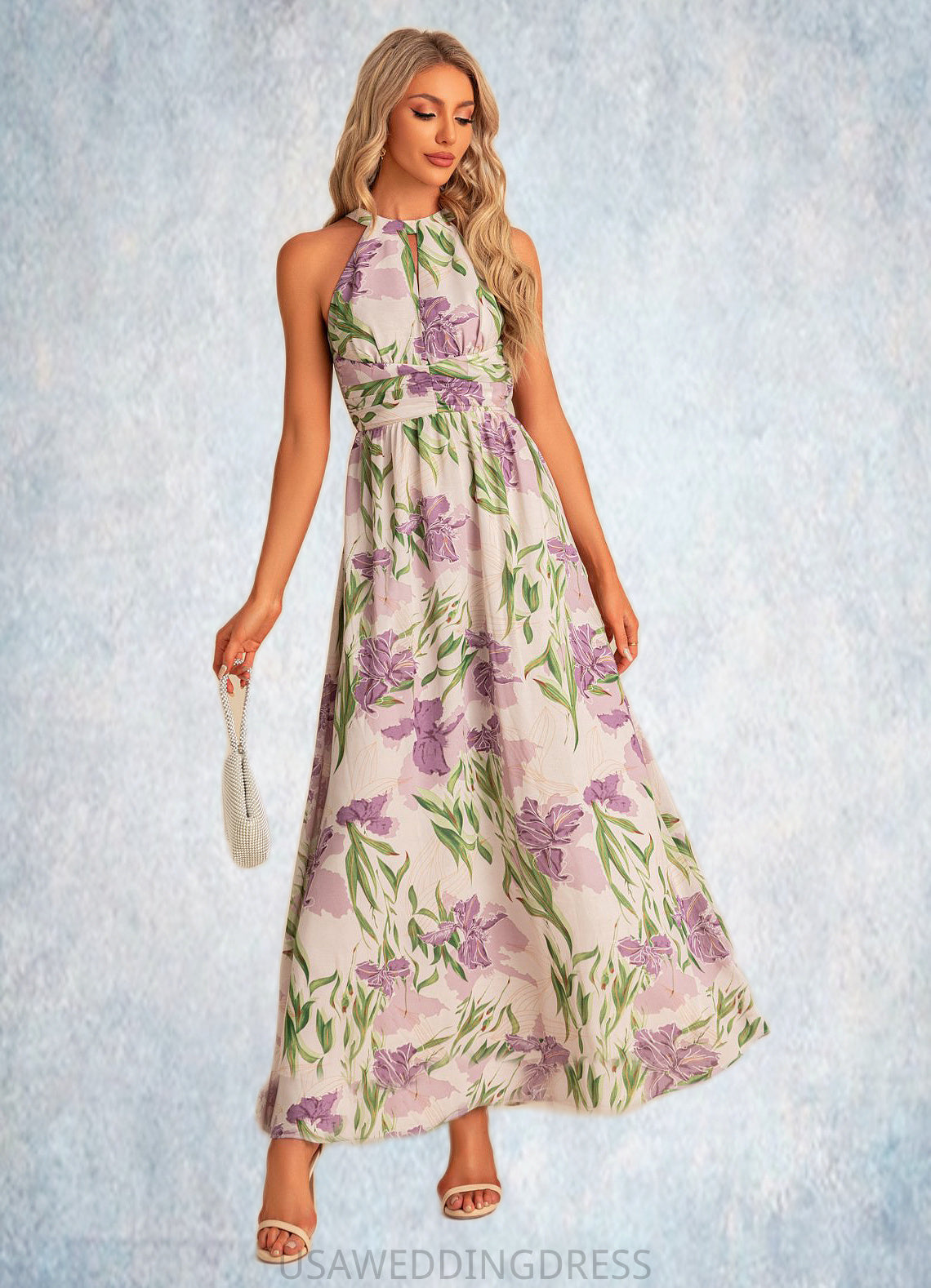 Aiyana A-line Halter Floor-Length Chiffon Bridesmaid Dress With Floral Print DSP0022565