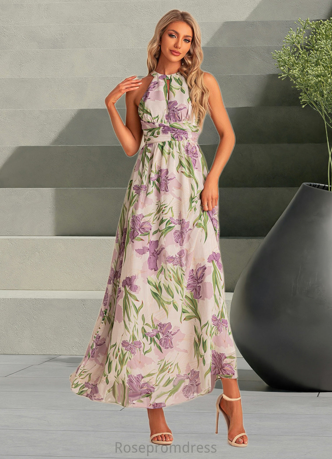Dania A-line Halter Floor-Length Chiffon Bridesmaid Dress With Floral Print SRSP0022565