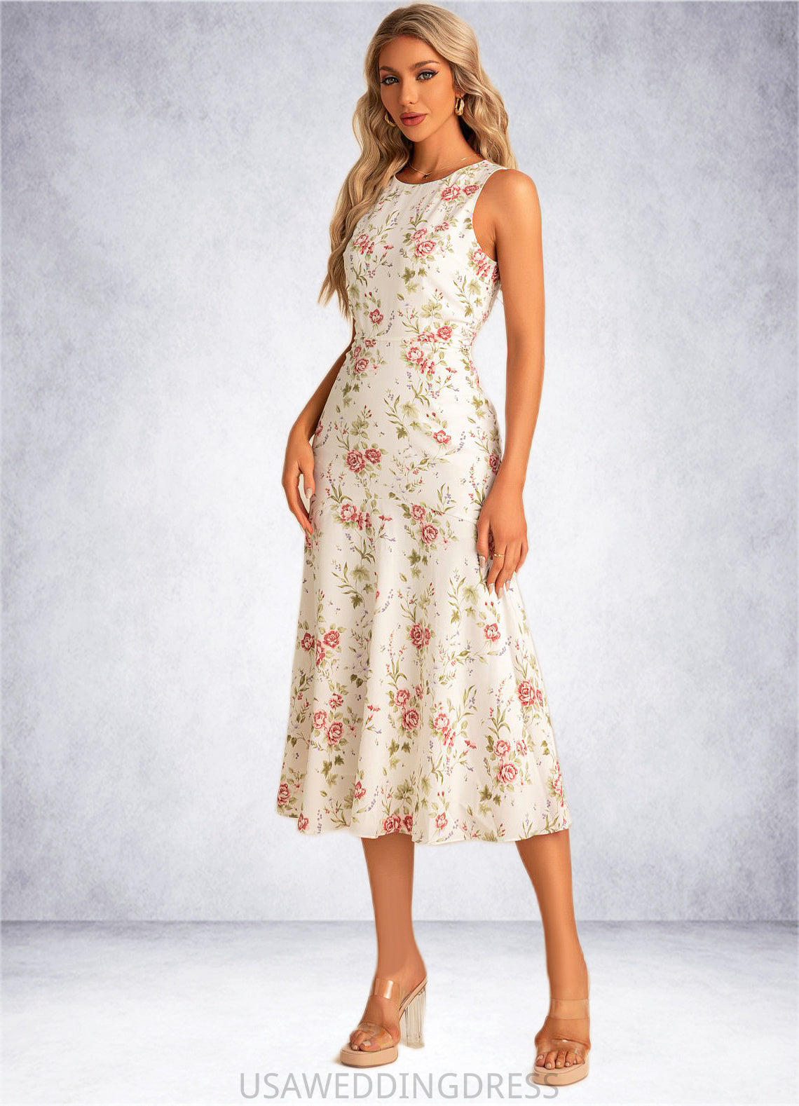 Jaelyn Trumpet/Mermaid Scoop Tea-Length Polyester Bridesmaid Dress With Floral Print DSP0022566