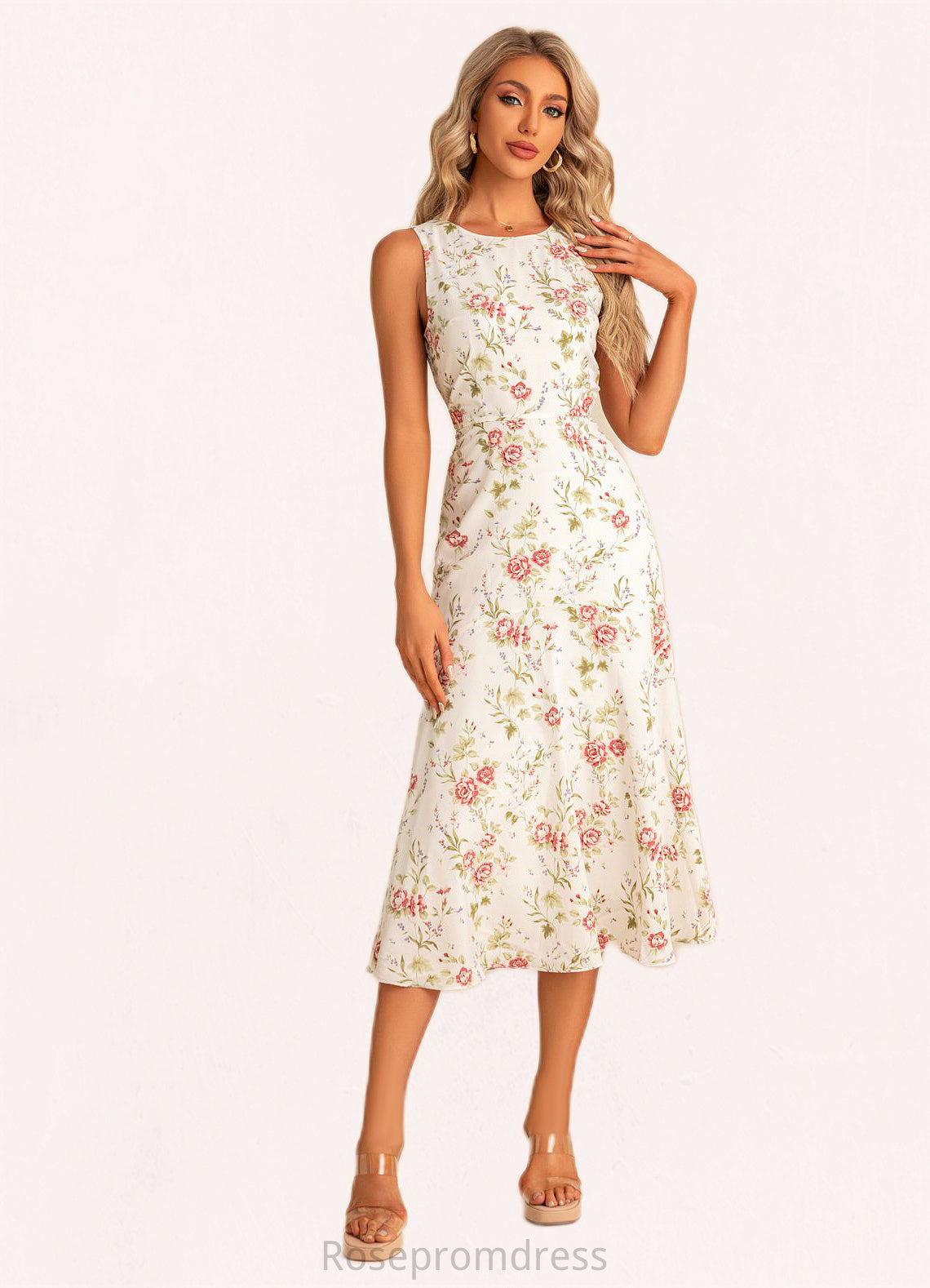 Anya Trumpet/Mermaid Scoop Tea-Length Polyester Bridesmaid Dress With Floral Print SRSP0022566