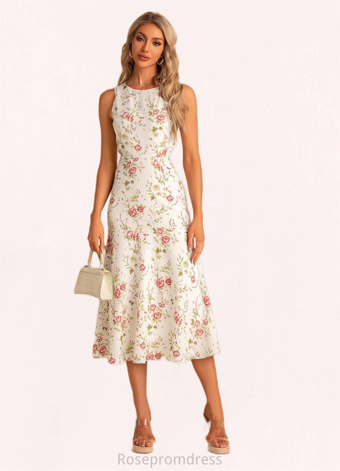 Anya Trumpet/Mermaid Scoop Tea-Length Polyester Bridesmaid Dress With Floral Print SRSP0022566