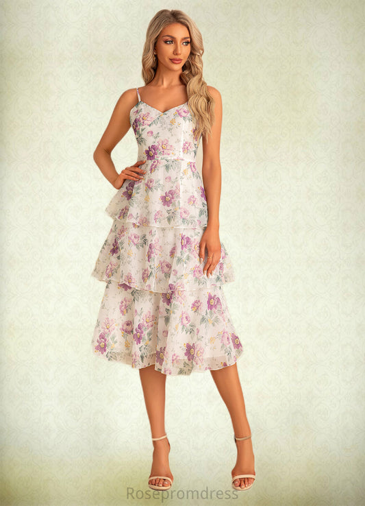 Ally A-line V-Neck Tea-Length Chiffon Bridesmaid Dress With Cascading Ruffles Floral Print SRSP0022567