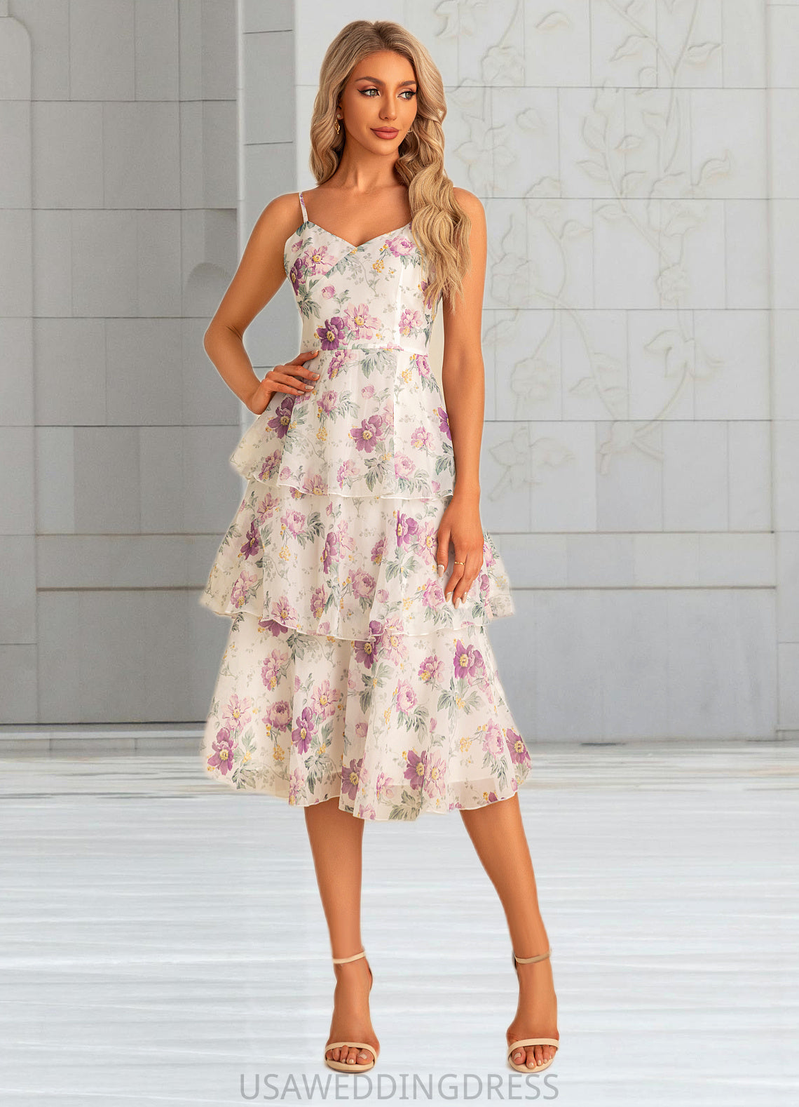 Mimi A-line V-Neck Tea-Length Chiffon Bridesmaid Dress With Cascading Ruffles Floral Print DSP0022567