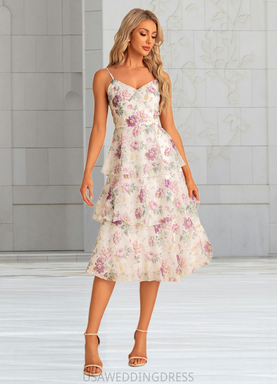 Mimi A-line V-Neck Tea-Length Chiffon Bridesmaid Dress With Cascading Ruffles Floral Print DSP0022567