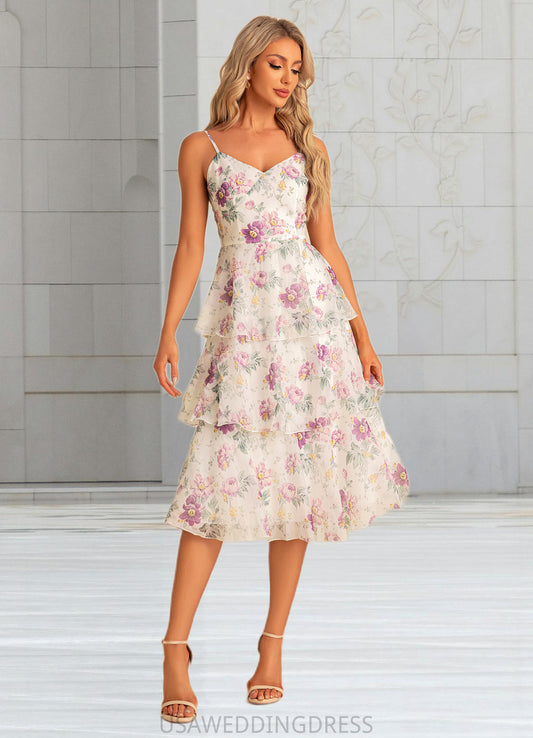 Mimi A-line V-Neck Tea-Length Chiffon Bridesmaid Dress With Cascading Ruffles Floral Print DSP0022567
