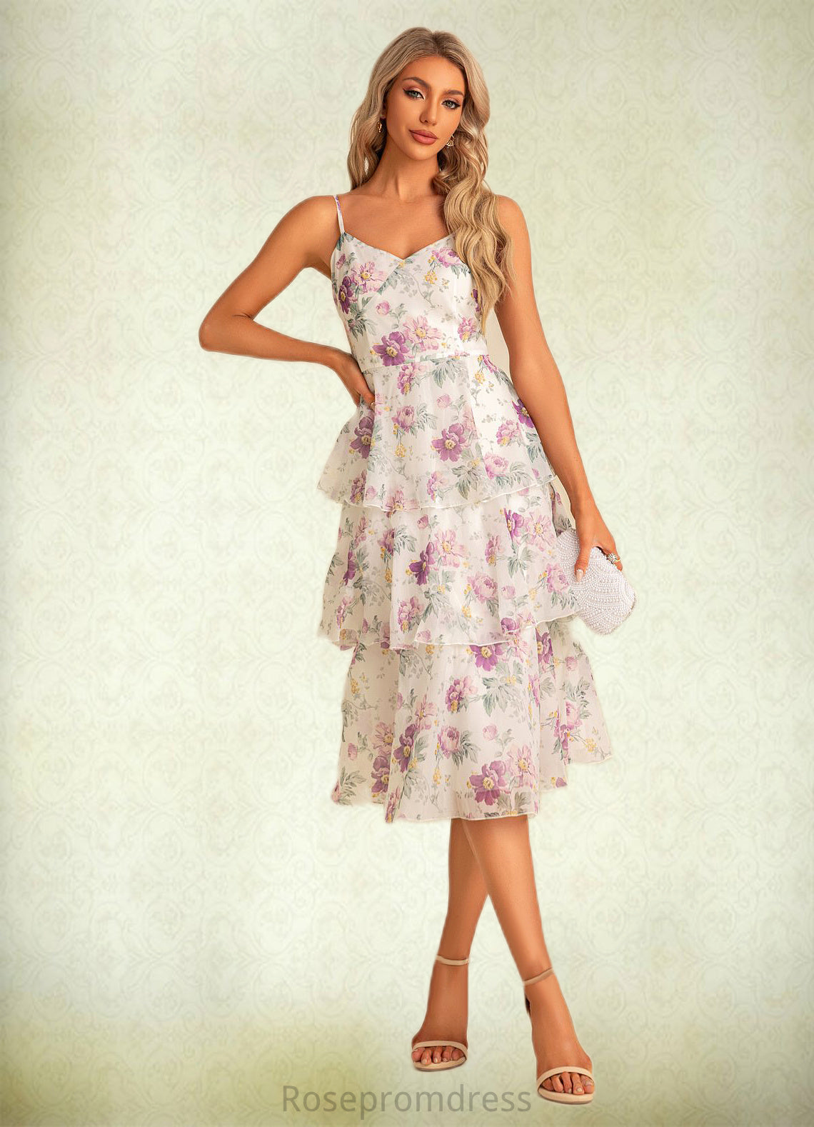 Ally A-line V-Neck Tea-Length Chiffon Bridesmaid Dress With Cascading Ruffles Floral Print SRSP0022567