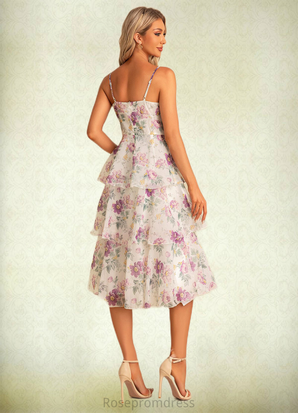 Ally A-line V-Neck Tea-Length Chiffon Bridesmaid Dress With Cascading Ruffles Floral Print SRSP0022567