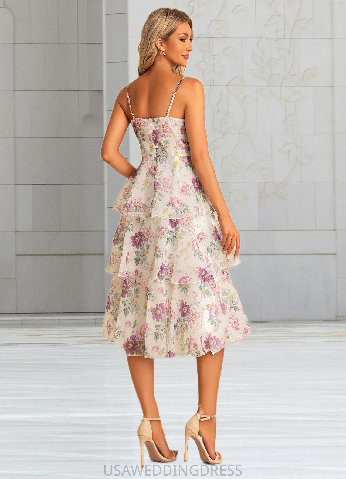 Mimi A-line V-Neck Tea-Length Chiffon Bridesmaid Dress With Cascading Ruffles Floral Print DSP0022567