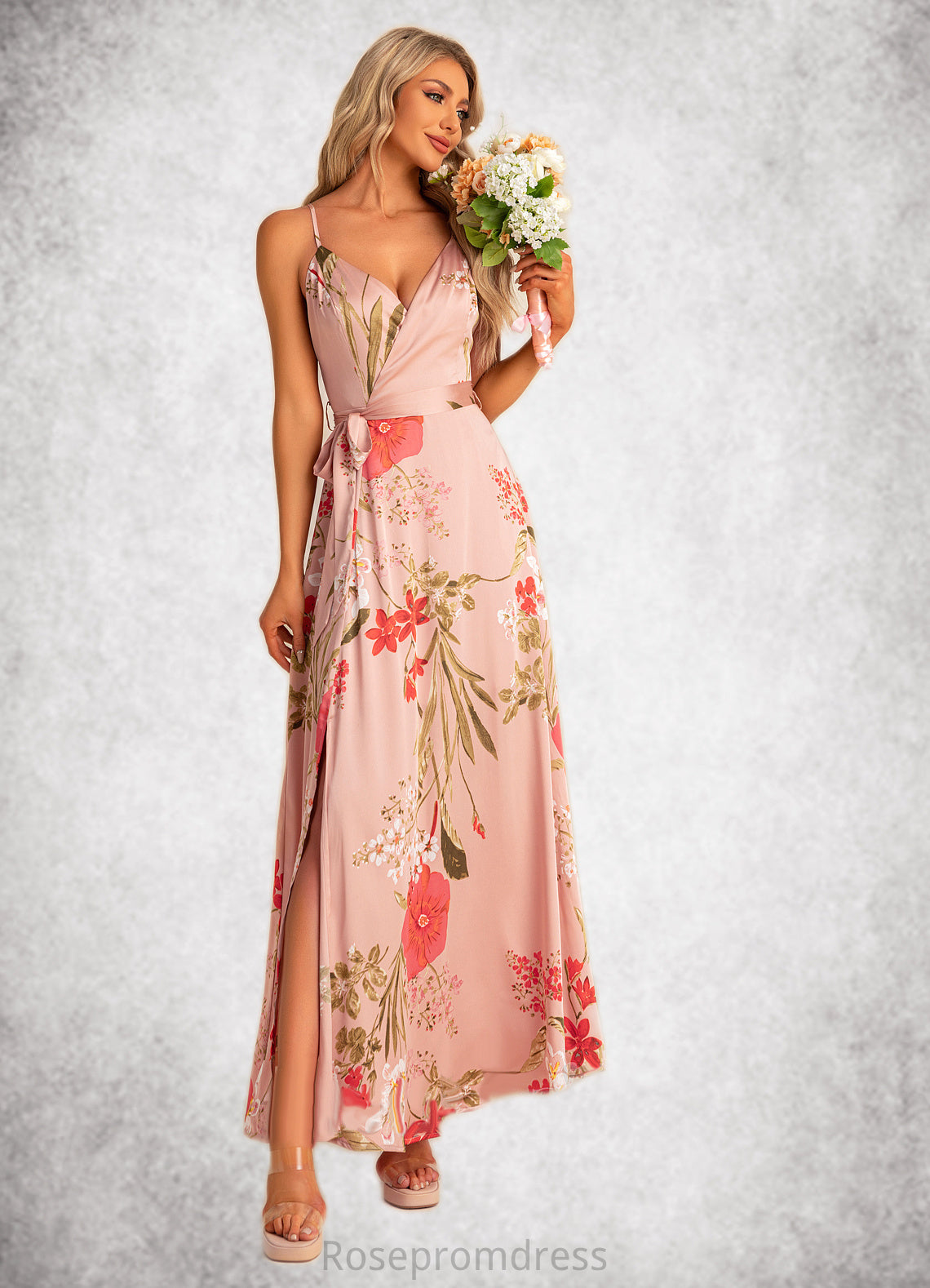 Madeline A-line V-Neck Floor-Length Asymmetrical Satin Bridesmaid Dress With Floral Print SRSP0022568