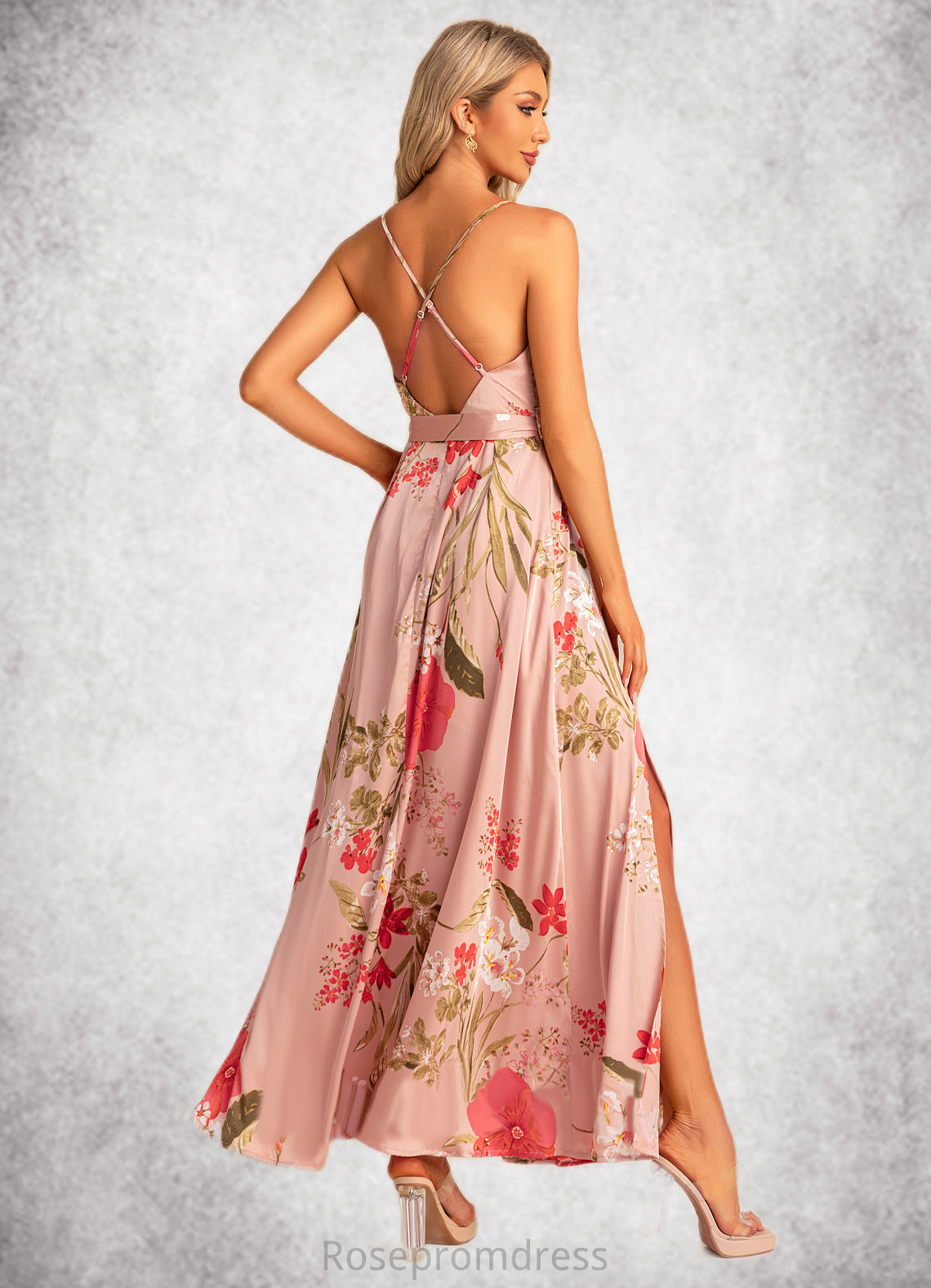 Madeline A-line V-Neck Floor-Length Asymmetrical Satin Bridesmaid Dress With Floral Print SRSP0022568