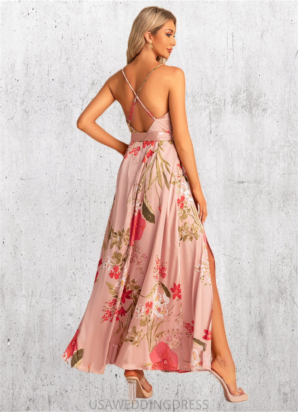 Arielle A-line V-Neck Floor-Length Asymmetrical Satin Bridesmaid Dress With Floral Print DSP0022568