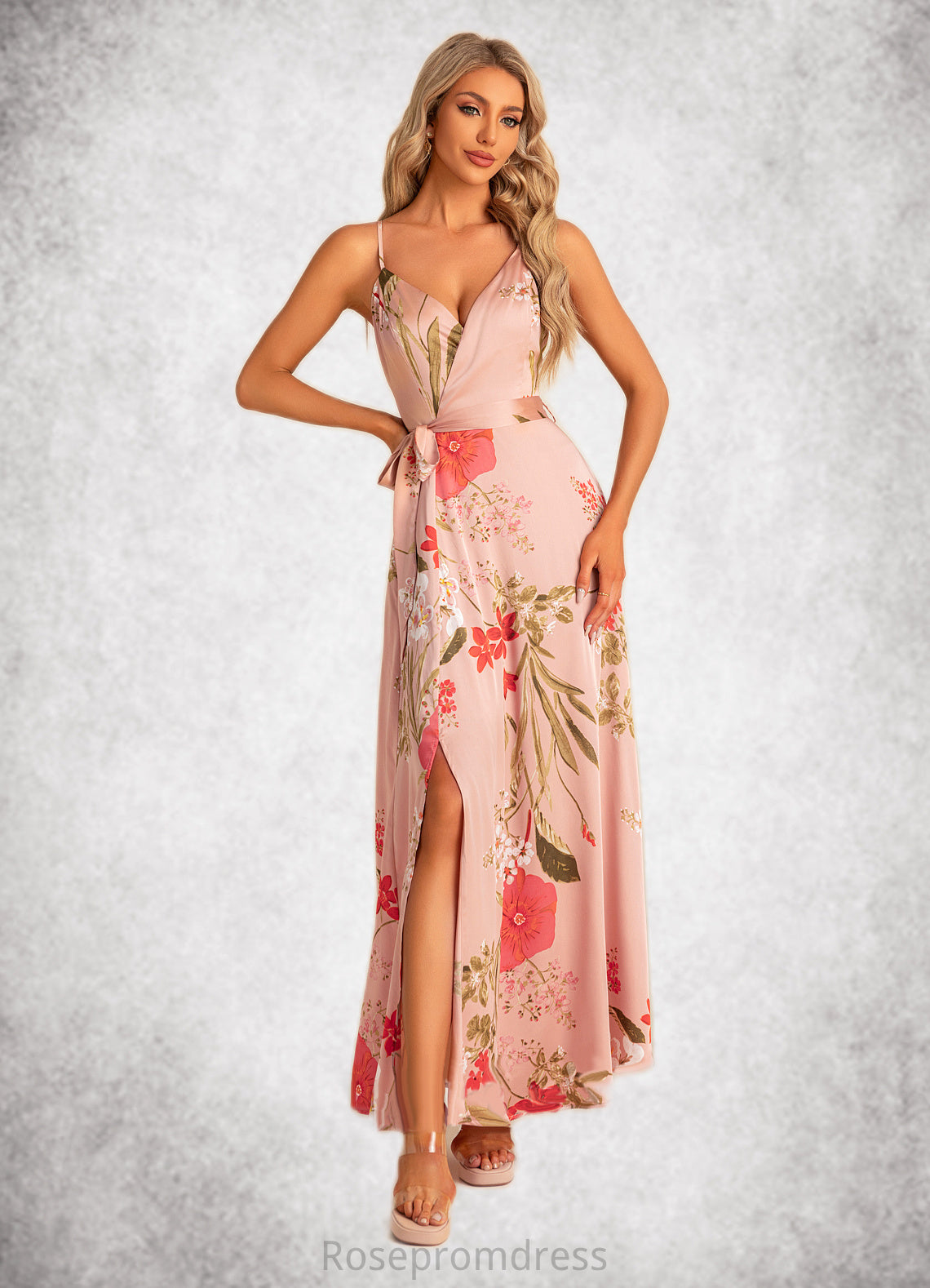 Madeline A-line V-Neck Floor-Length Asymmetrical Satin Bridesmaid Dress With Floral Print SRSP0022568