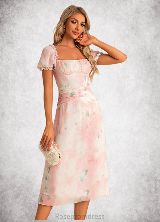 Camila A-line Square Tea-Length Chiffon Bridesmaid Dress With Floral Print SRSP0022570