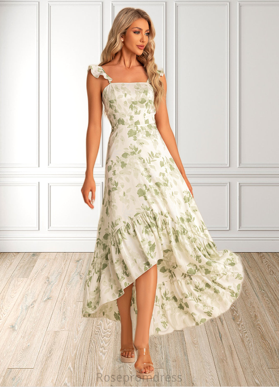 Izabelle A-line Straight Floor-Length Asymmetrical Satin Bridesmaid Dress With Ruffle Floral Print SRSP0022571