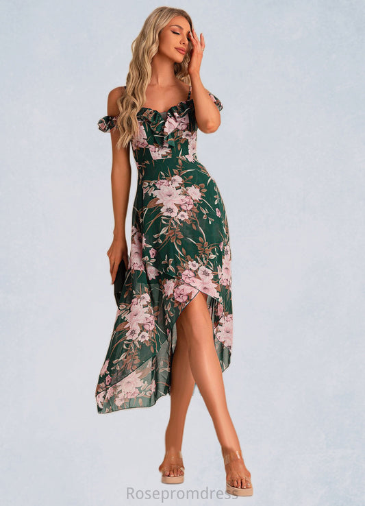 Rosie A-line Sweetheart Tea-Length Asymmetrical Chiffon Bridesmaid Dress With Floral Print Ruffle SRSP0022572